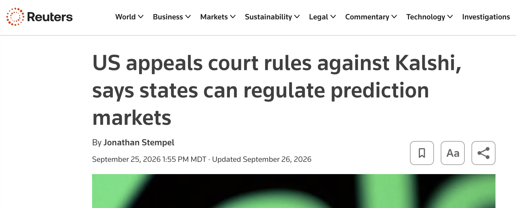 Reuters headline about regulation of prediction markets